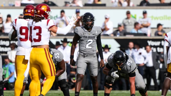 Sep 30, 2023; Boulder, Colorado, USA; Colorado Buffaloes quarterback Shedeur Sanders (2) prepares for a snap during their game against the USC Trojans at Folsom Field.